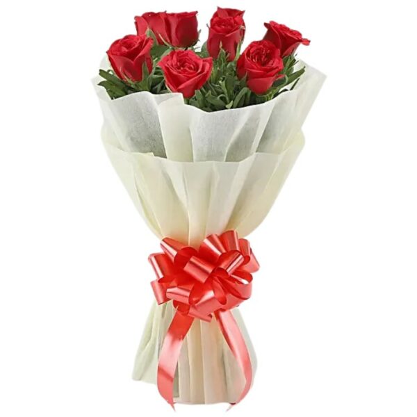 8 Red Roses Bunch Wrapped in White Paper