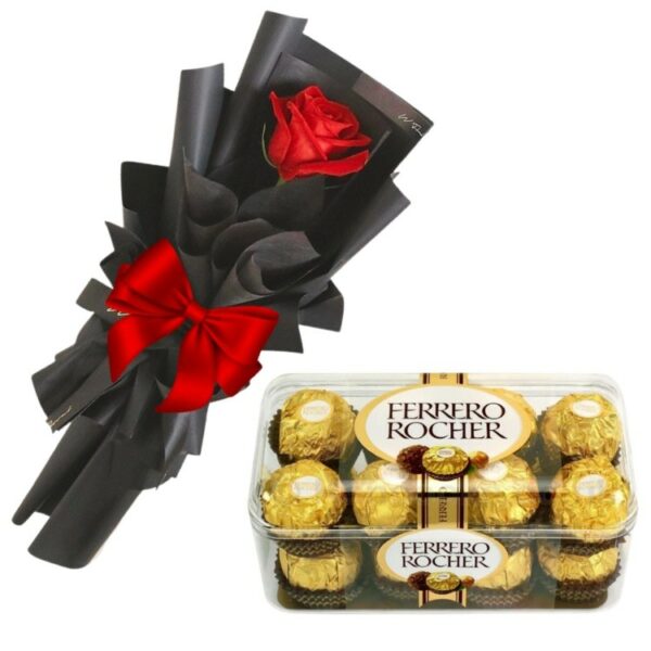 A Chocolate Combo - A Ferrero Rocher 16pcs Chocolates Box + 1 Red Rose Bouquet