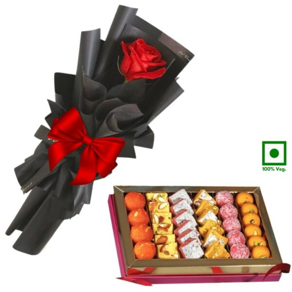 A Sweets Combo - A Box of Mix Sweets (Half Kg) + 1 Red Rose Bouquet