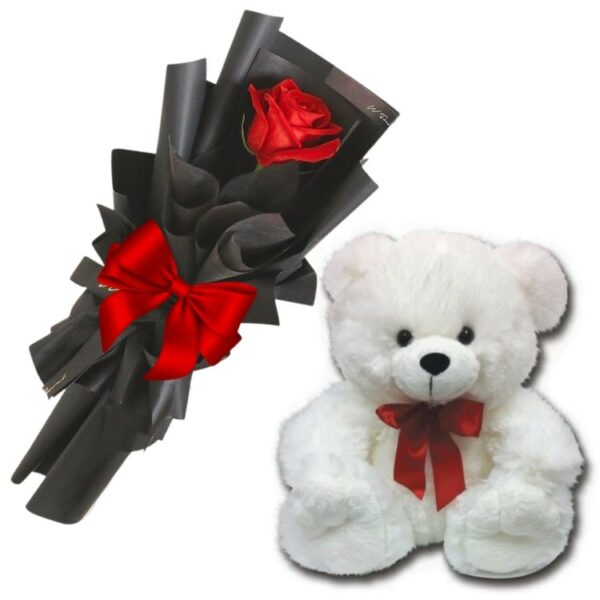A Teddy Combo - A Cute Small Teddy + 1 Red Rose Bouquet