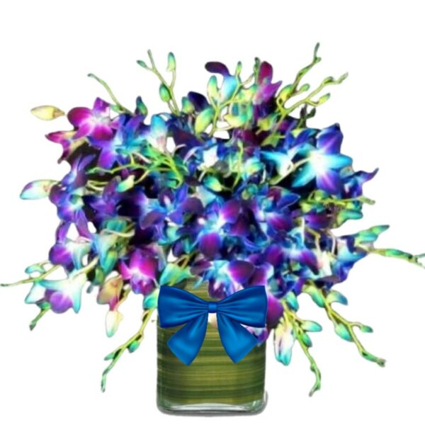 Blue Orchids Designer Arrangement in Glass Vase