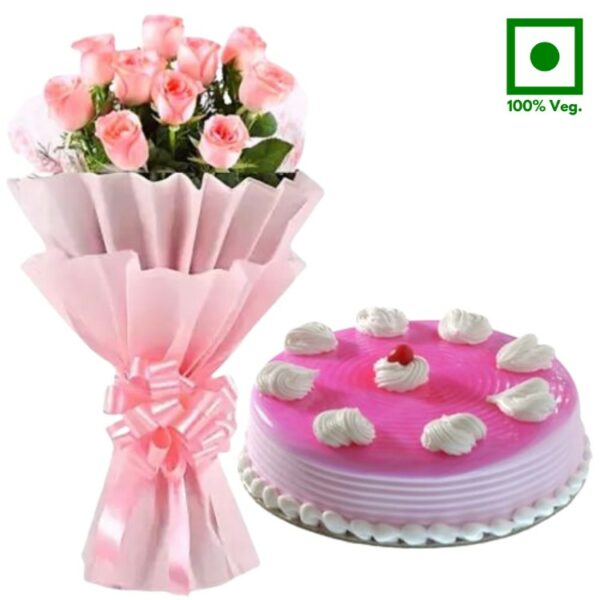 # A Cake & Flowers Combo - Half Kg Strawberry Cake + 10 Pink Roses Bunch
