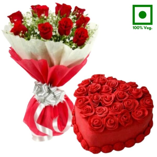# A Cake & Flowers Combo - Half Kg Strawberry Cake + 10 Red Roses Bouquet