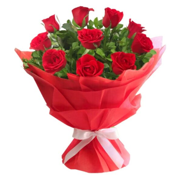 10 Red Roses Bunch Wrapped in Red Paper