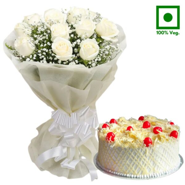 # A Cake & Flowers Combo - Half Kg White Forest Cake + 10 White Roses Bunch