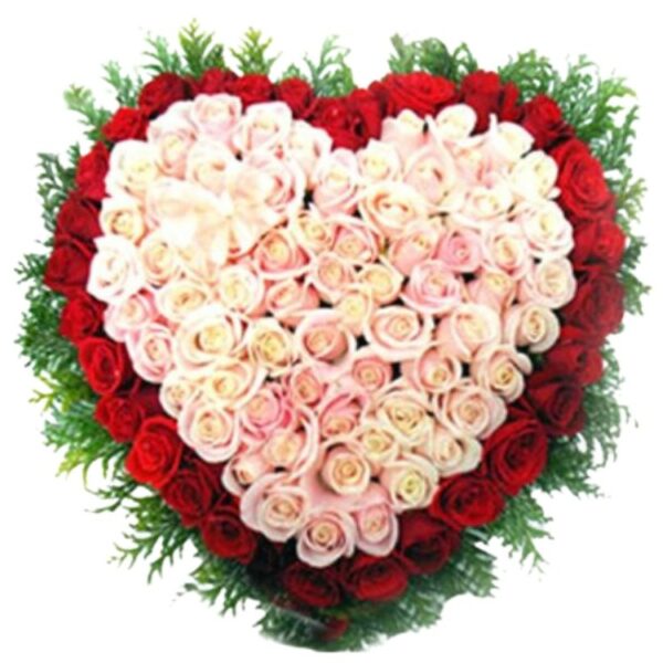 101 Pink & Red Roses Fancy Heart Shape Big Arrangement