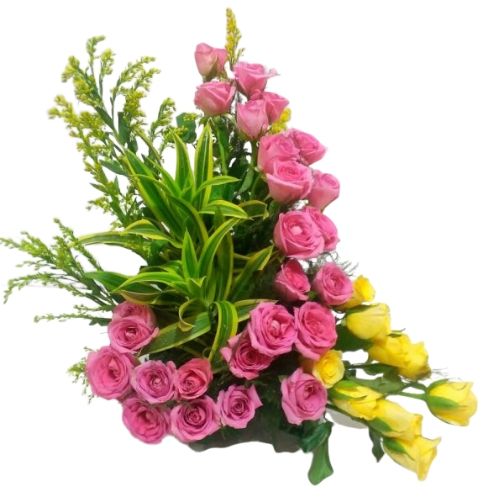A Designer Basket Arrangement of 25 Pink & 8 Yellow Roses