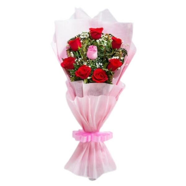 1 Pink & 7 Red Roses Bunch Wrapped in Pink Paper