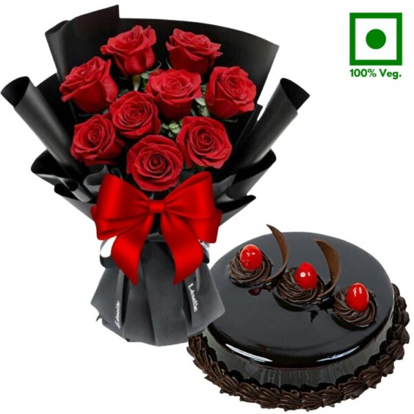 # A Cake & Flowers Combo - Half Kg Chocolate Cake + 9 Red Roses Bouquet