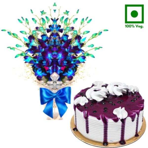 # A Cake & Flowers Combo - Half Kg Blueberry Cake + 10 Blue Orchids Bouquet