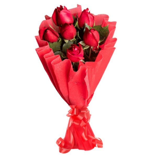 6 Red Roses Bunch Wrapped in Red Paper