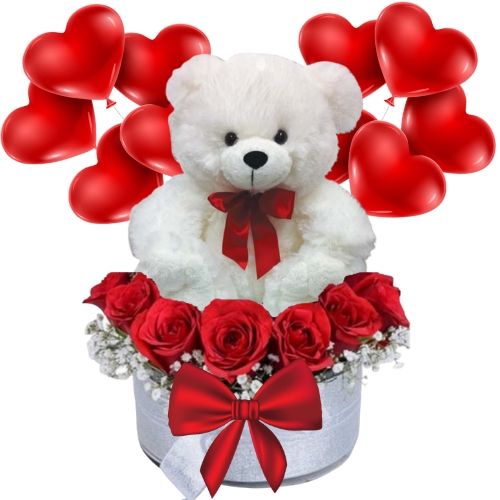 # 01 - A 10 Red Roses Vase Arrangement with Teddy & Balloons