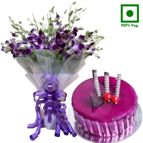 # A Cake & Flowers Combo - Half Kg Black Currant Cake + 10 Purple Orchids Bunch