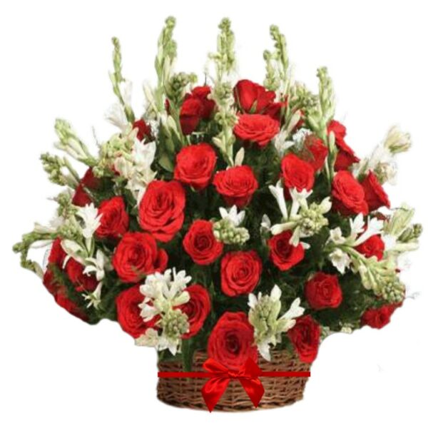 A Big Basket Full of Red Roses & Fragrant Rajnigandhas