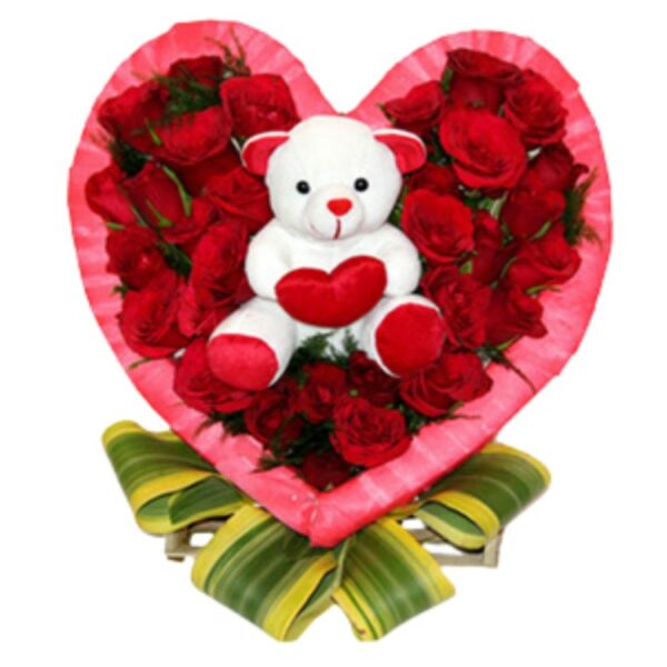 # 01 - A Cute Arrangement of 21 Red Roses & Teddy in Heart Shape