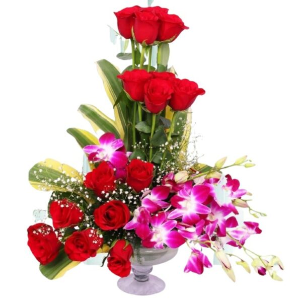 A Designer Vase Full of Red Roses & Purple Orchids