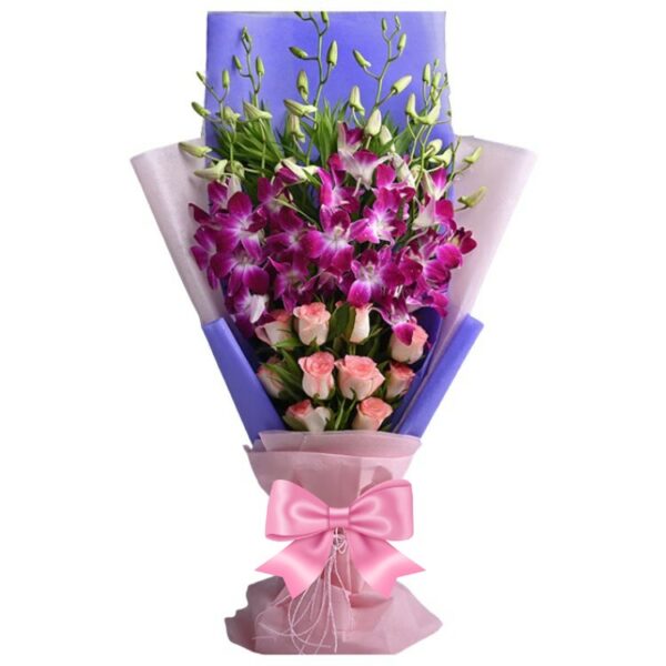 A Designer Bouquet of Pink Roses & Purple Orchids