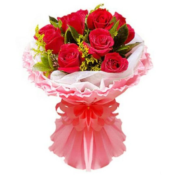 10 Red Roses Fancy Bunch Wrapped in Pink & White Paper