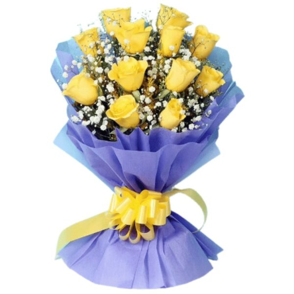 A Fancy Bunch of 12 Yellow Roses Wrapped in Purple Paper
