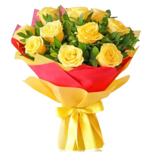 A Fancy Bunch of 12 Yellow Roses Wrapped in Yellow & Red Paper