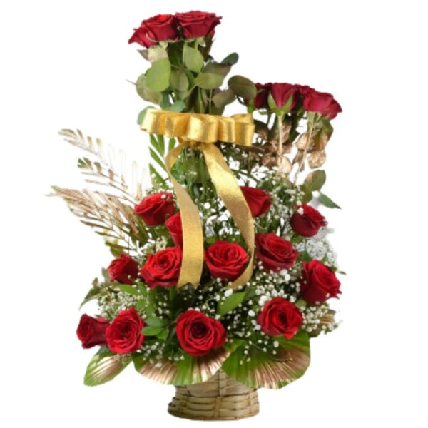 A Designer Basket Arrangement 25 Red Roses with Exotic Golden Leaves