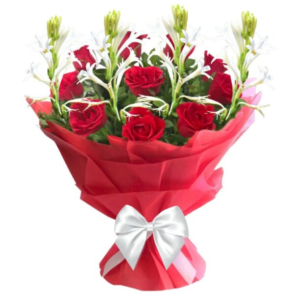 # A Beautiful Bunch of 5 Fragrant Rajnigandhas & 10 Red Roses