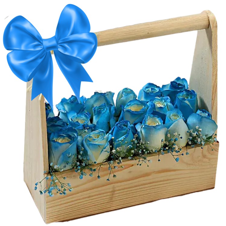 18 blue roses in wooden basket