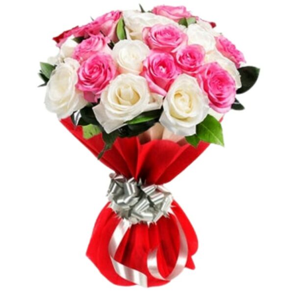 A Fancy Bunch of 21 Pink & White Color Roses