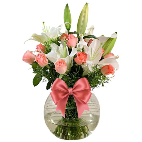 An Elegant Vase Arrangement of Lilies & Roses