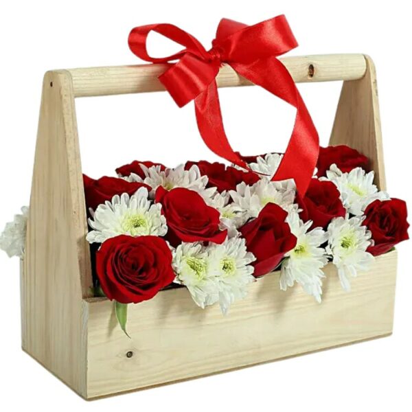 A Premium Wooden Basket of Red Roses & White Sevanti