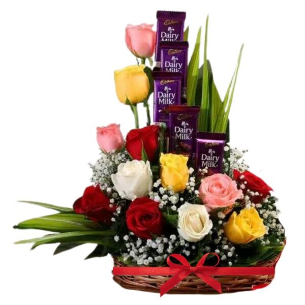 # 01 - A Cute Premium Basket of 5 Cadbury Chocolates & 12 Mix Color Roses