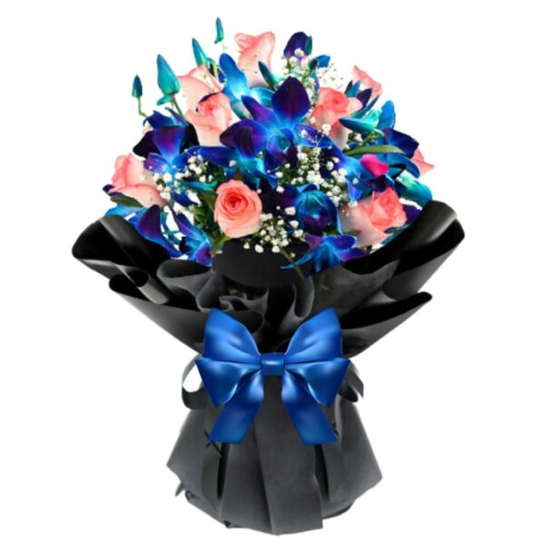 # 01 - A Luxurious Bunch of 4 Exotic Blue Orchids & 10 Pink Roses