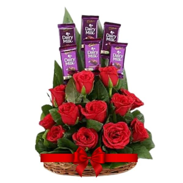 # 01 - A Cute Basket of 6 Cadbury Chocolates & 12 Red Roses