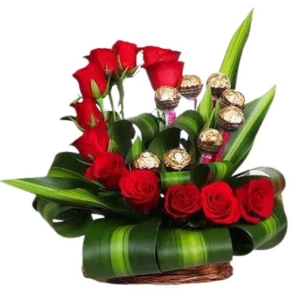 # A Cute Premium Basket of 8 Ferrero Rocher Chocolates & 12 Red Roses