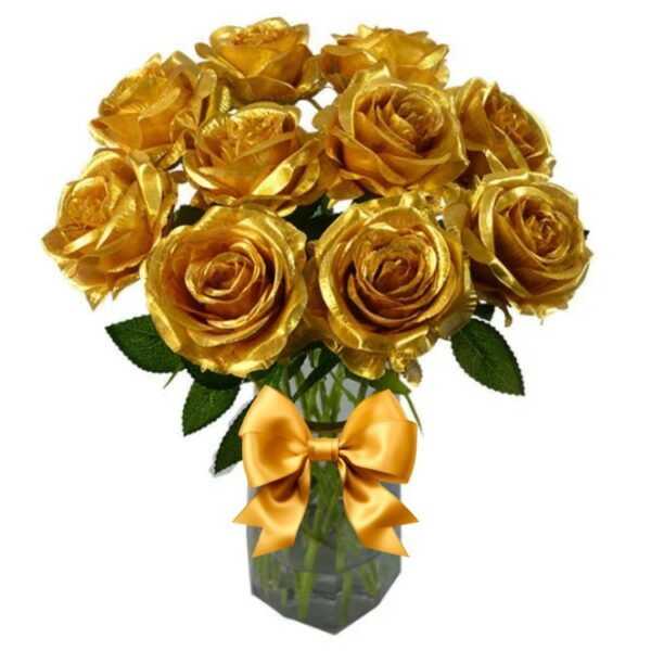 # 01 - A Luxurious Arrangement of 10 Exotic Golden Roses in Glass Vase