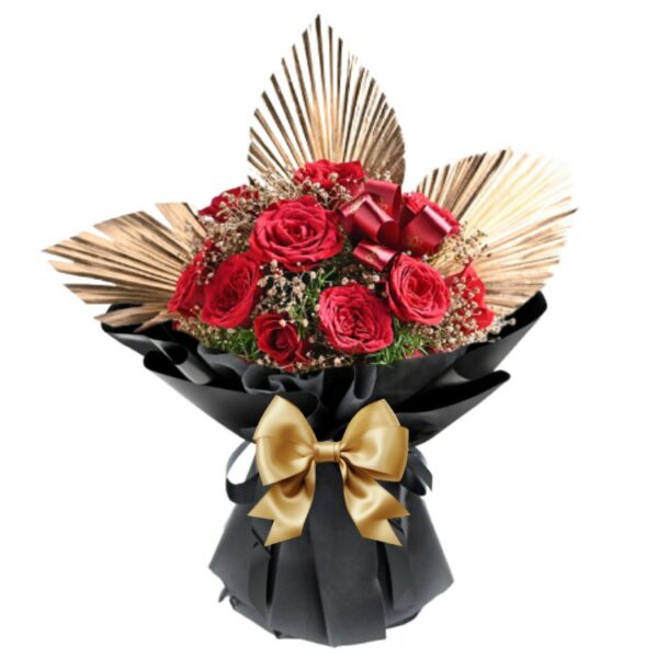# 01 - A Luxurious Bunch of 10 Red Roses with Exotic Golden Leaves