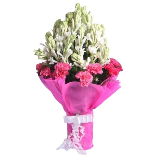 # A Beautiful Bunch of 10 Fragrant Rajnigandhas & 10 Pink Carnations
