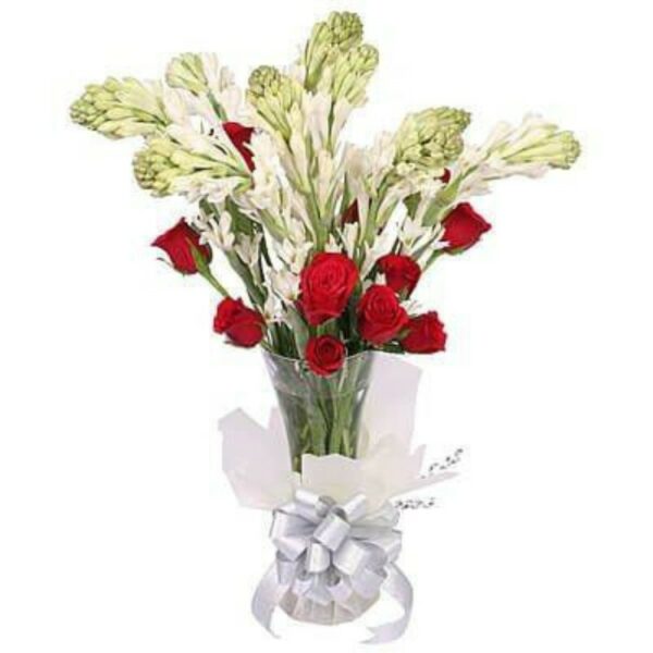 # A Beautiful Bunch of 10 Fragrant Rajnigandhas & 10 Red Roses