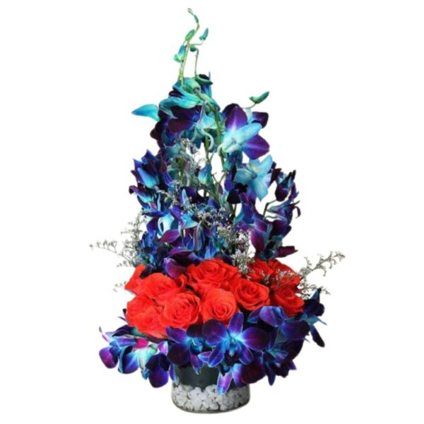 Blue Orchids & Red Roses Designer Arrangement in Glass Vase