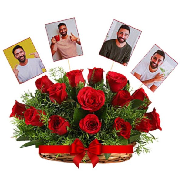 # 01 - A Beautiful Personalized Combo - 21 Red Roses Basket with 4 Photos