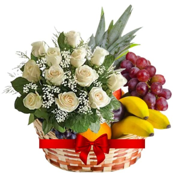 A Fresh Fruits Combo - A Fresh Fruits Basket + 12 White Roses