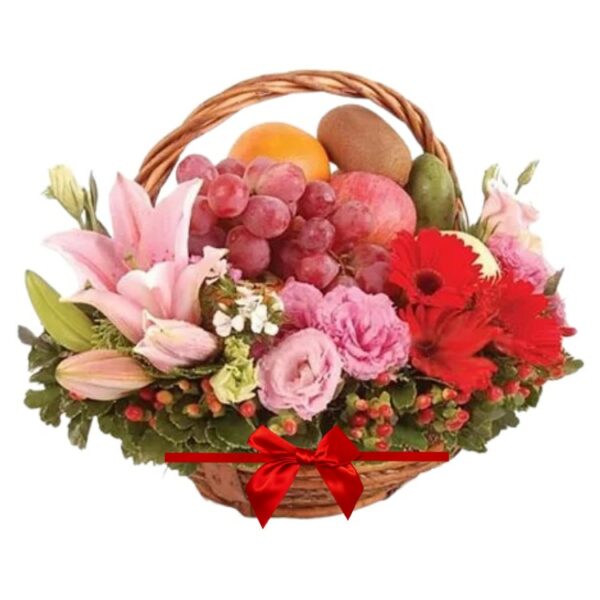 A Fresh Fruits Combo - A Fresh Fruits Basket + Mix Seasonal Flowers