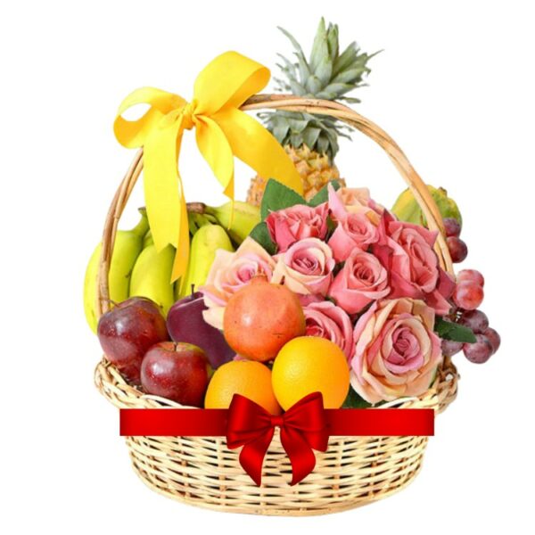 A Fresh Fruits Combo - A Fresh Fruits Basket + 12 Pink Roses