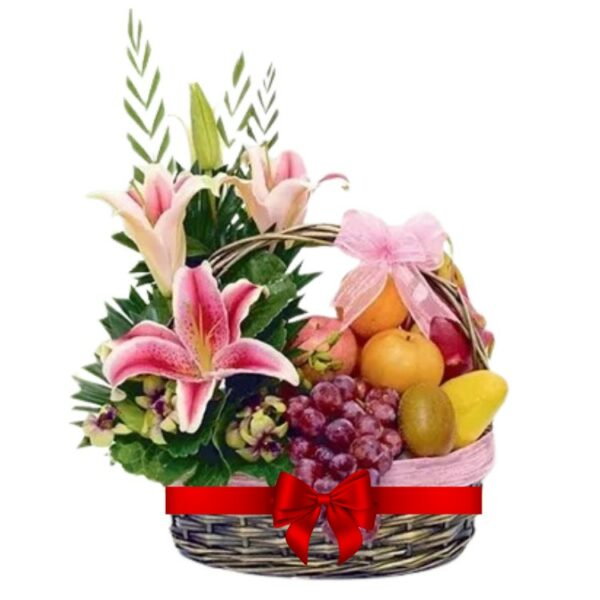 A Fresh Fruits Combo - A Fresh Fruits Basket + 3 Pink Lilies