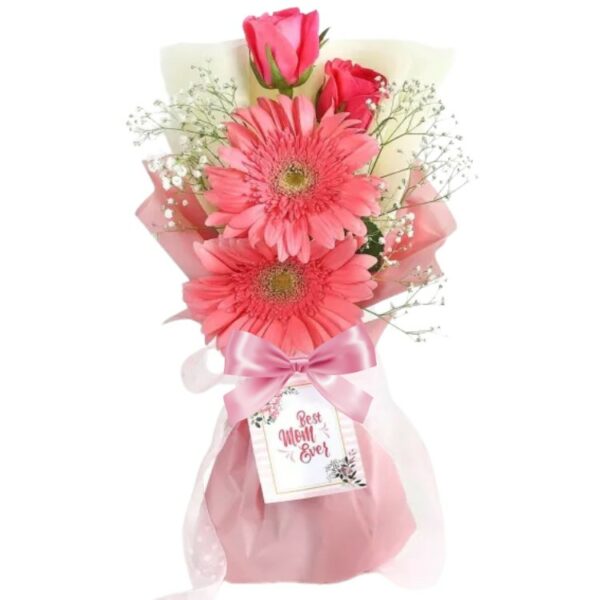 # 0001 - A Beautiful Small Bouquet of 2 Pink Roses & 2 Pink Gerberas