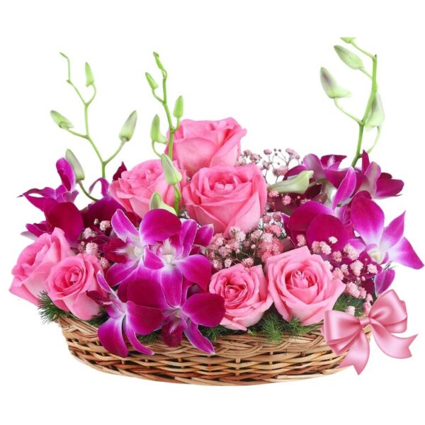 A Mesmerizing Basket of 3 Purple Orchids & 7 Pink Roses