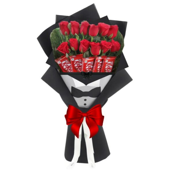 # 0001 - A Charming Bouquet of Red Roses& KitKat - With Printed Suit Photo